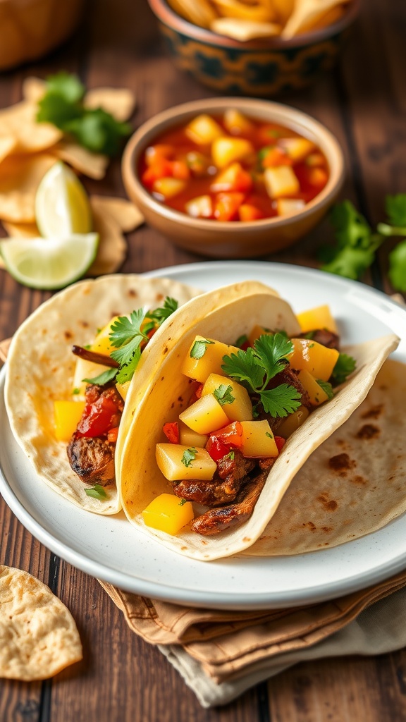 Crispy pork belly tacos with pineapple salsa, cilantro, and lime wedges on a rustic table.